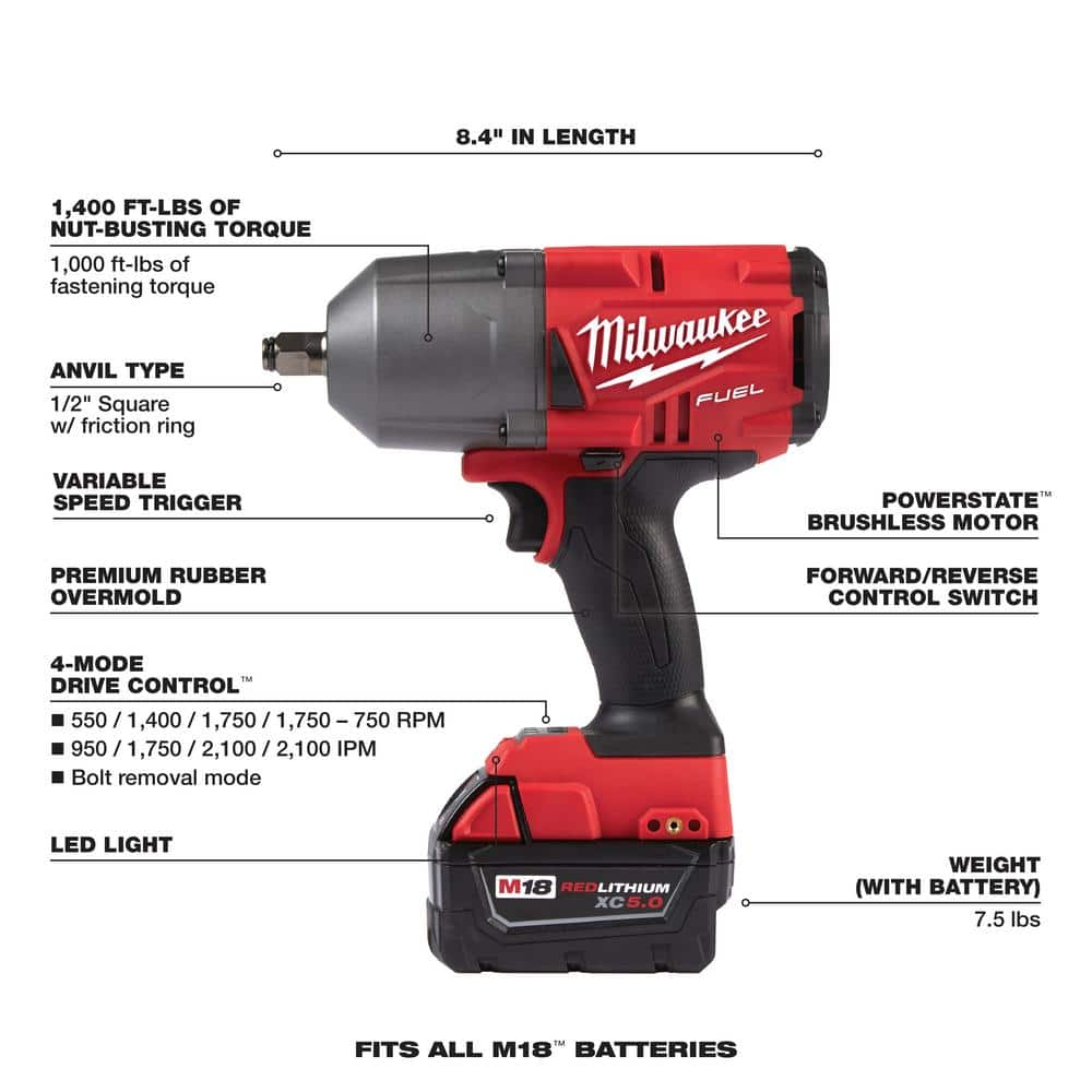 Milwaukee M18 FUEL 18V Lithium-Ion Brushless Cordless 1/2 in. Impact Wrench w/Friction Ring Kit w/One 5.0 Ah Battery and Bag 2767-21B