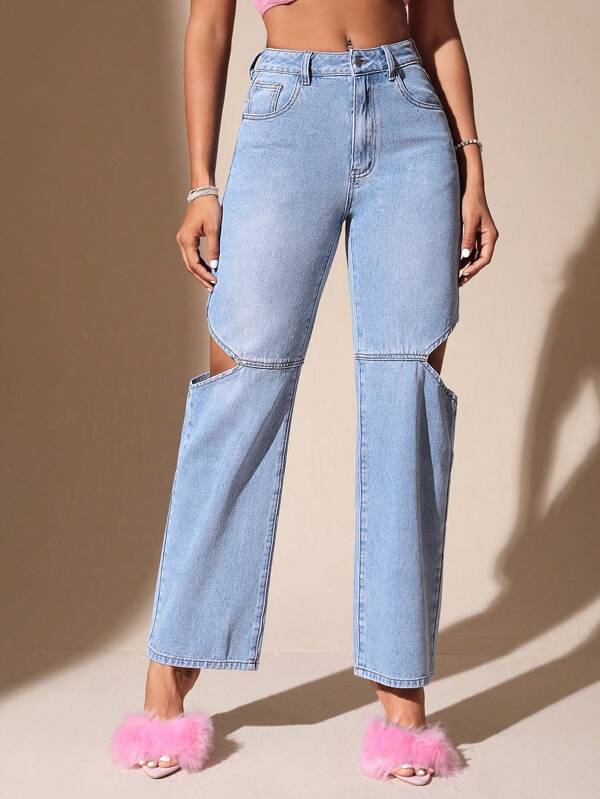 Cut Out Straight Leg Jeans