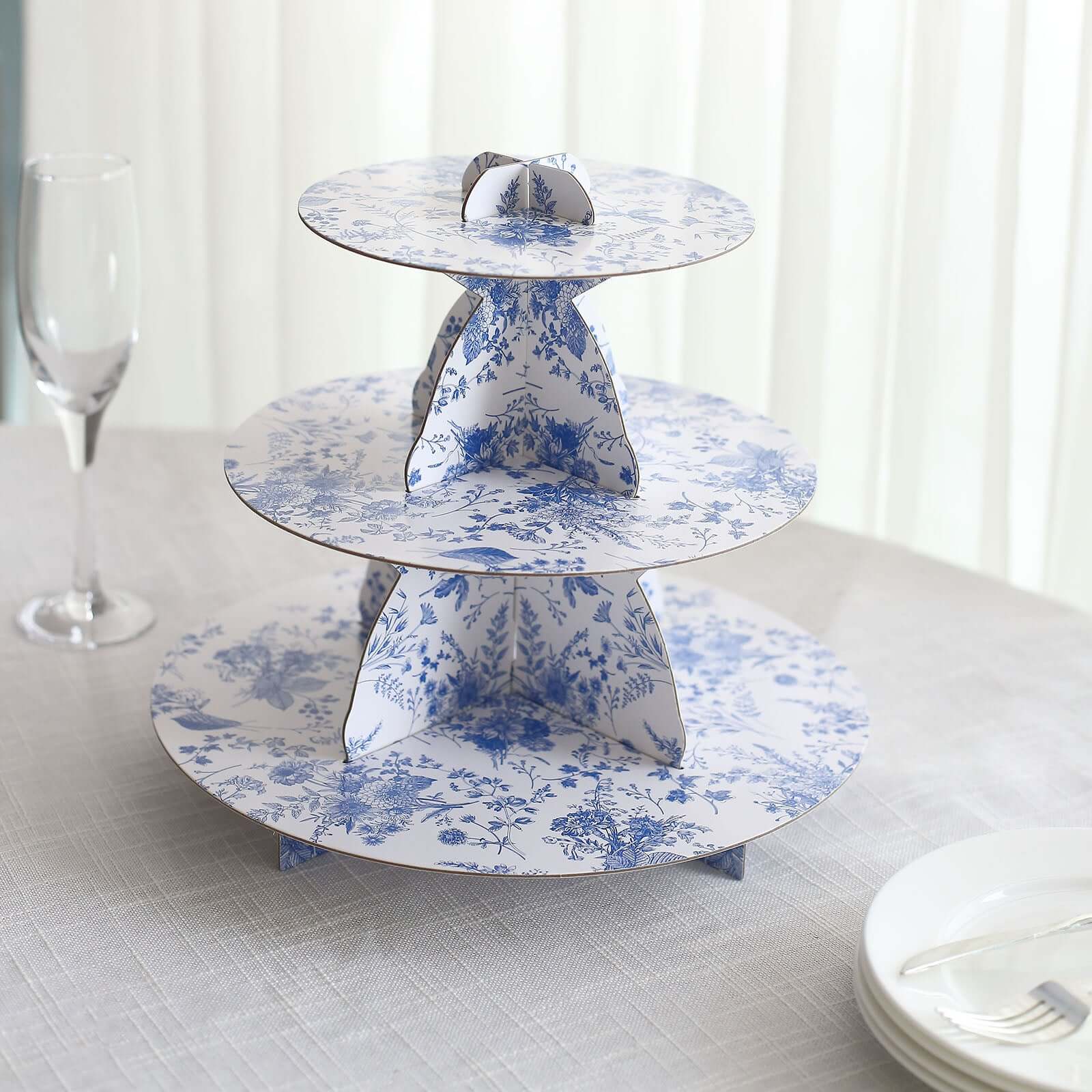 3-Tier White Blue Cardboard Cupcake Stand with French Toile Floral Pattern, Tea Party Dessert Display Stand Round Serving Platter - 11