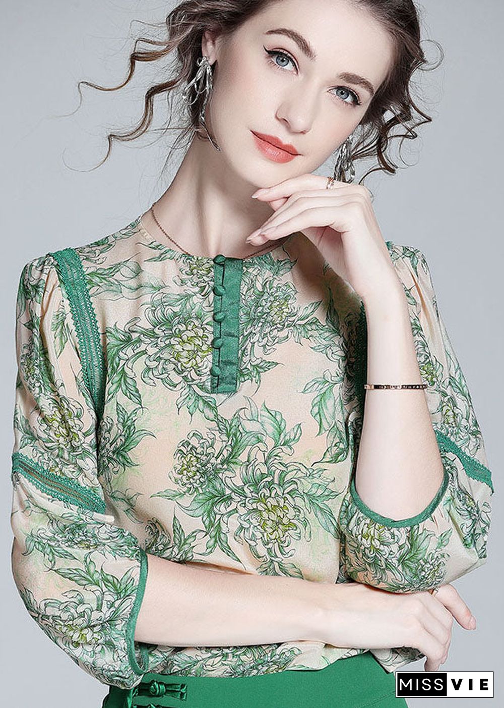 Natural Green O Neck Lace Patchwork Print Silk T Shirt Spring