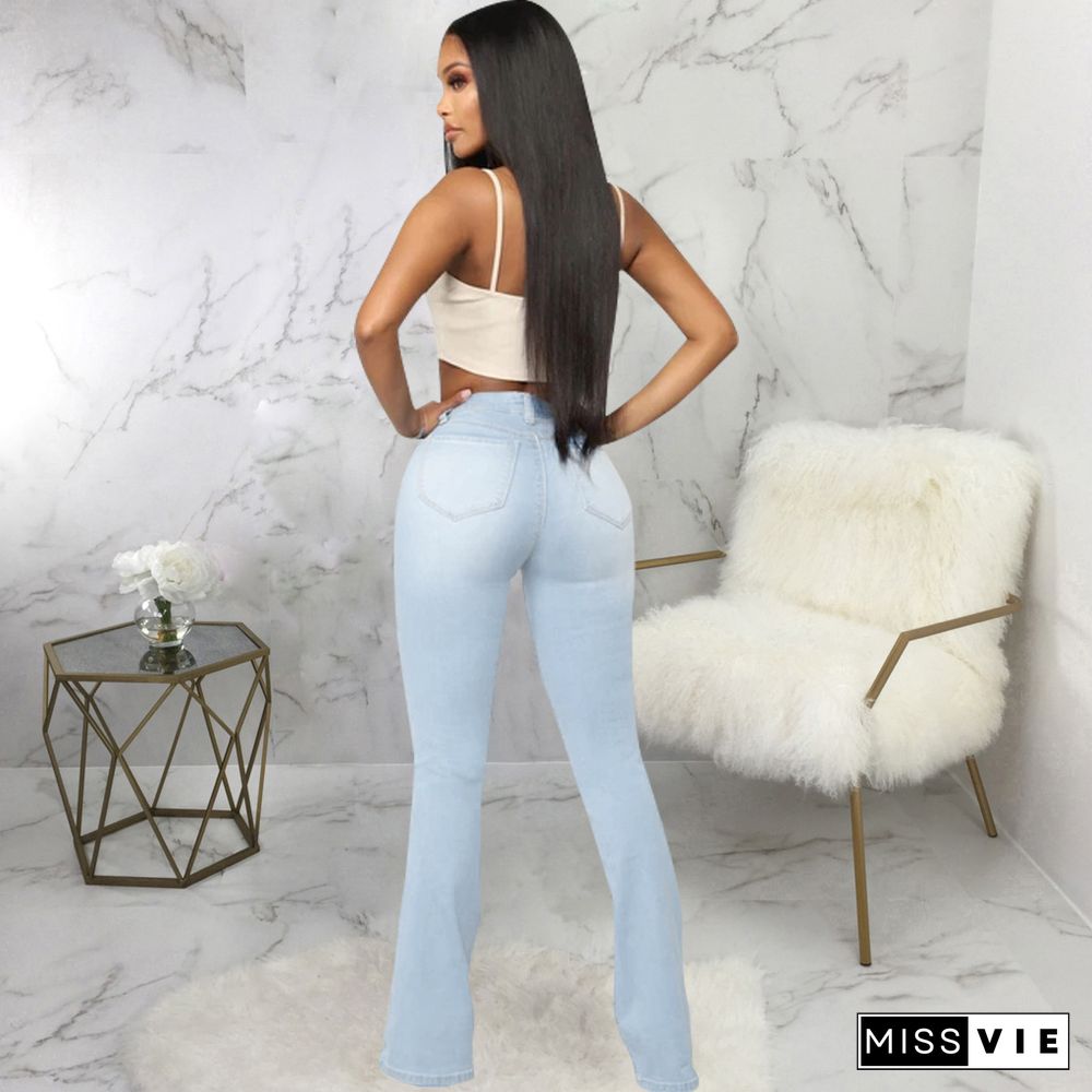 High Waist Full Length Slim Flare Jeans Pants