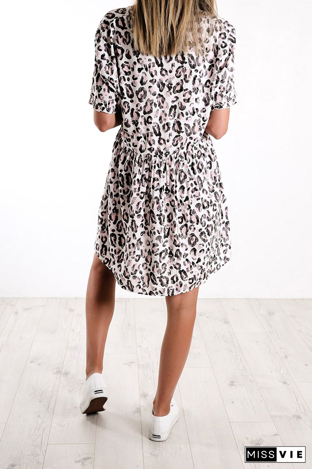 Leopard Print Button Front Ruffle V-neck Dress