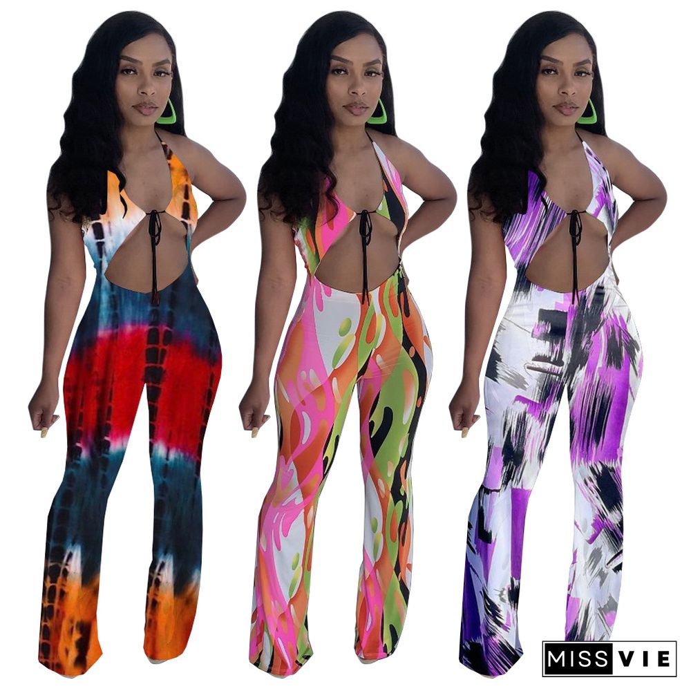 Elegant Printed Women Sleveeless Halter Hollow Out Party Clubwear Summer One Piece Wide Leg Jumpsuit