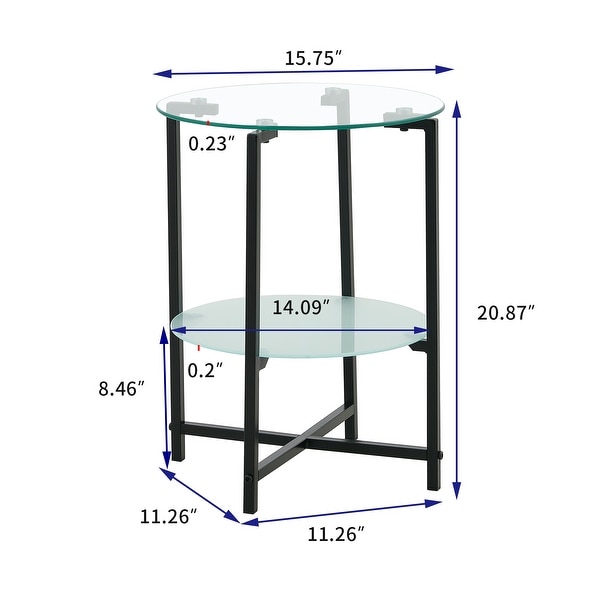 2- layer Tempered Glass End Table， Round Coffee Table for Bedroom Living Room Office (black)