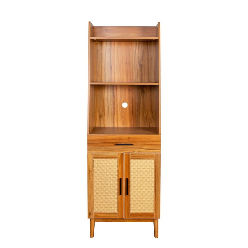 Narrow Rattan door Bookshelf Display Case  Walnut Finish