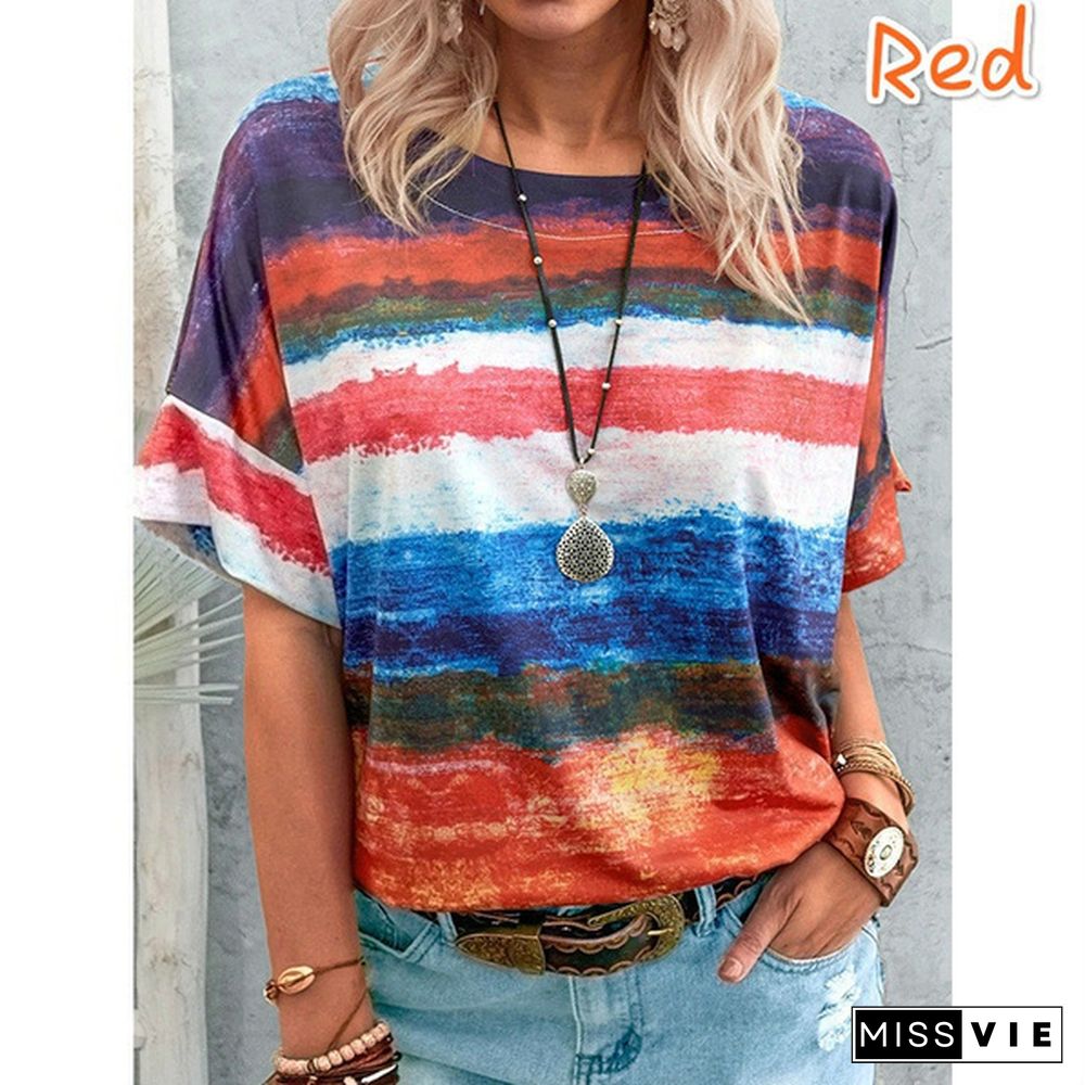 XS-8XL Spring Summer Tops Plus Size Fashion Women's Casual Short Sleeve Tee Shirts Block Color Striped Tops Ladies O-neck Printed Tops Cotton Loose T-shirts