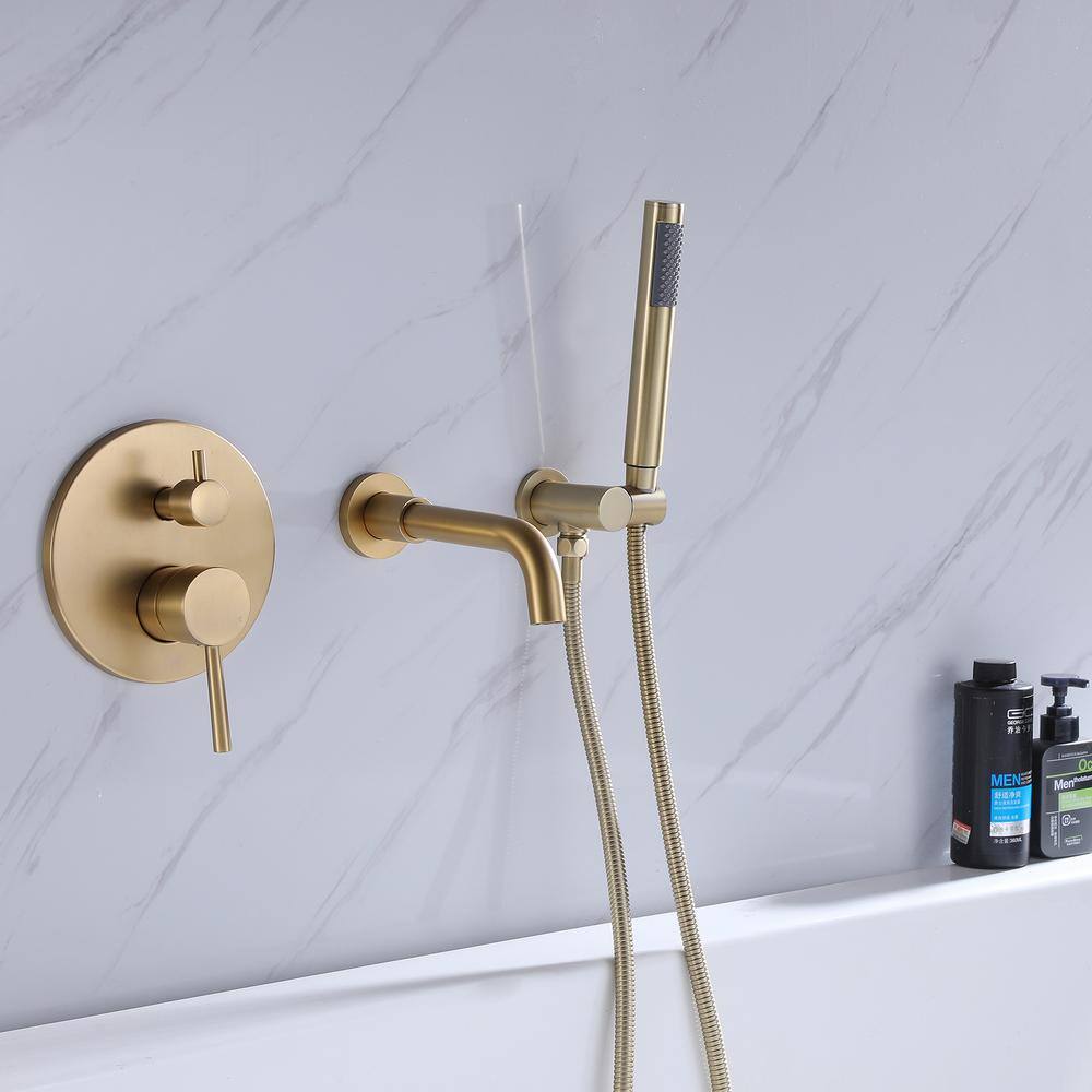 Hlihome Double-Handle Wall Mounted Roman Tub Faucet with Hand Shower in Brushed Gold RBDK-0908-BG