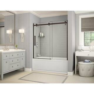 MAAX Utile Metro 32 in. x 60 in. x 81 in. Bath and Shower Combo in Soft Grey with New Town Left Drain Halo Door Dark Bronze 106917-301-500-102