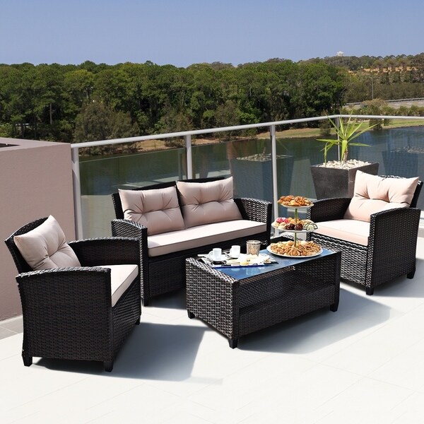 Outdoor Rattan Conversation Set 4 Pieces Patio wicker Chairs and Table