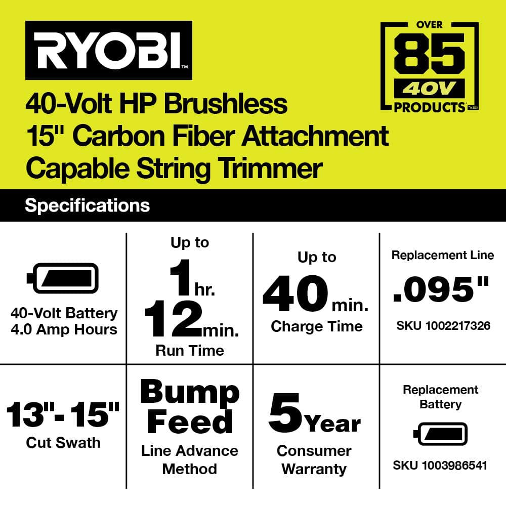 RYOBI 40V HP Brushless 15 in. Cordless Carbon Fiber Shaft Attachment Capable String Trimmer with 4.0 Ah Battery and Charger RY40290