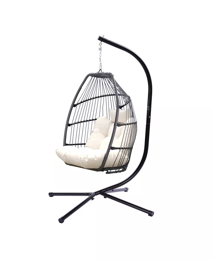 Simplie Fun Outdoor Patio Wicker Folding Hanging Chair Rattan Swing Hammock Egg Chair With Cushion And Pillow