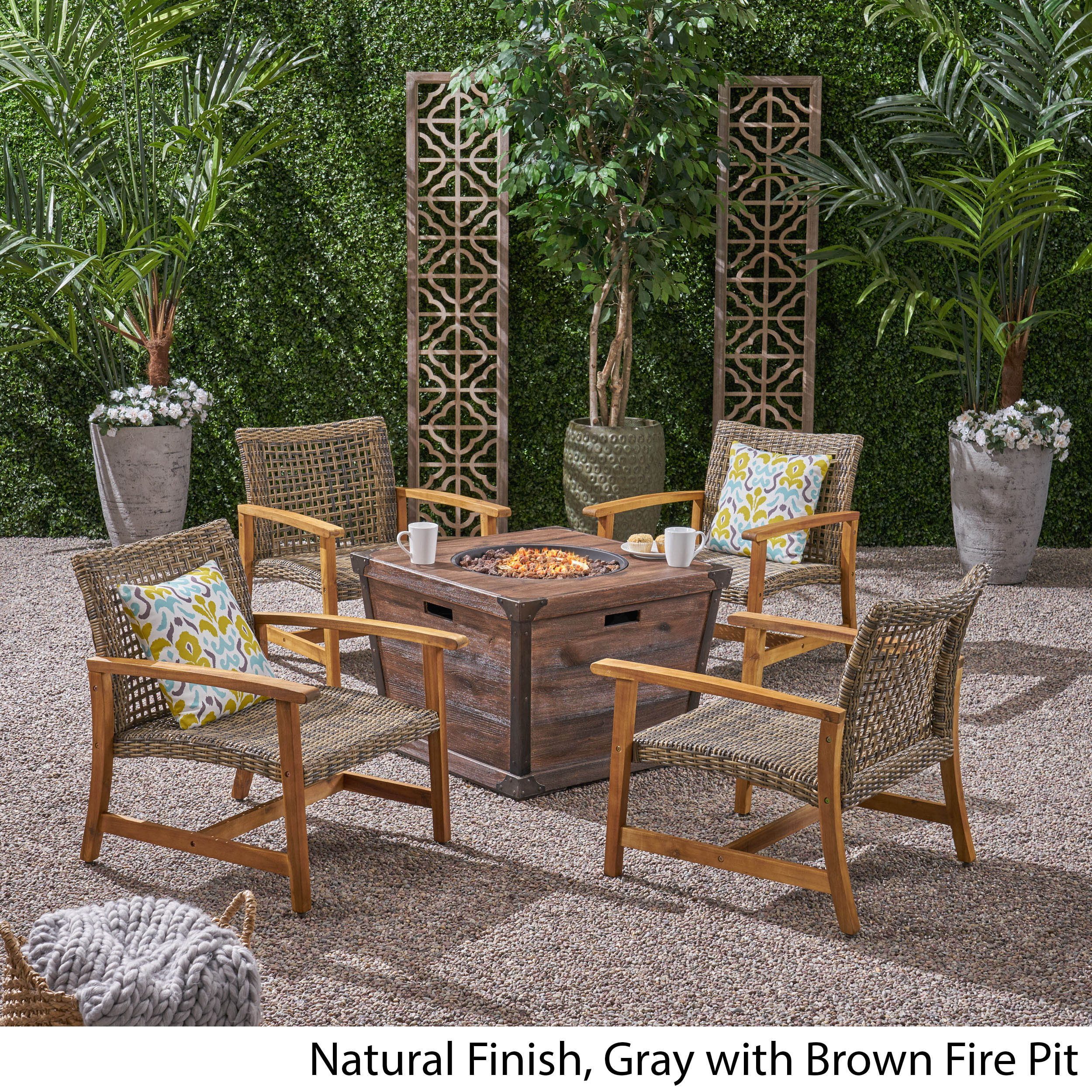 Levant Outdoor 4-Seater Wood and Wicker Club Chair Set with Fire Pit