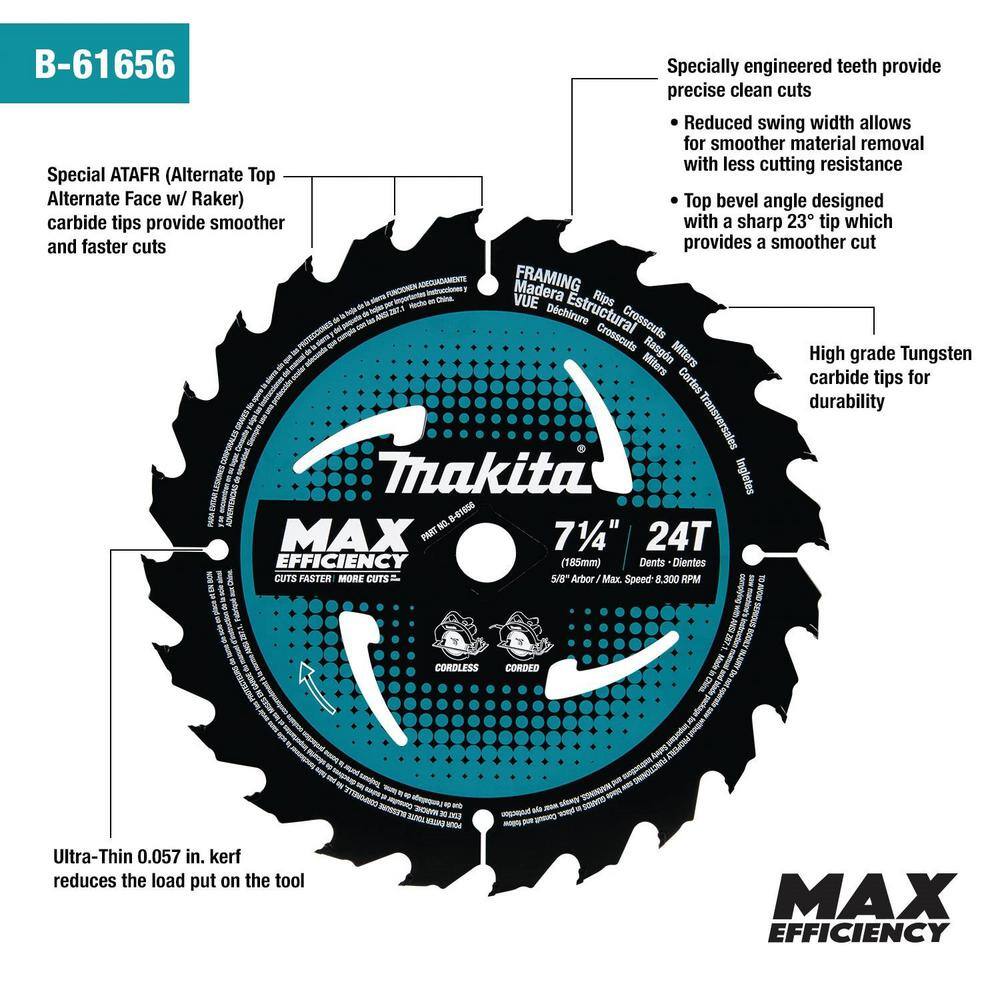 Makita 7-14 in. 24T Carbide-Tipped Max Efficiency Ultra-Thin Kerf Circular Saw Blade Framing B-61656