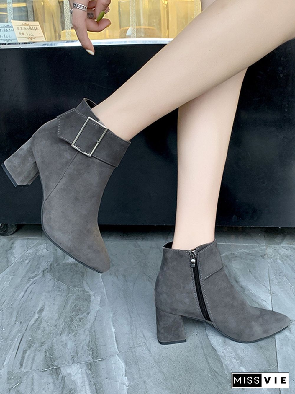 Chunky Heel Buckle Pointed-Toe Suede Martin Boots