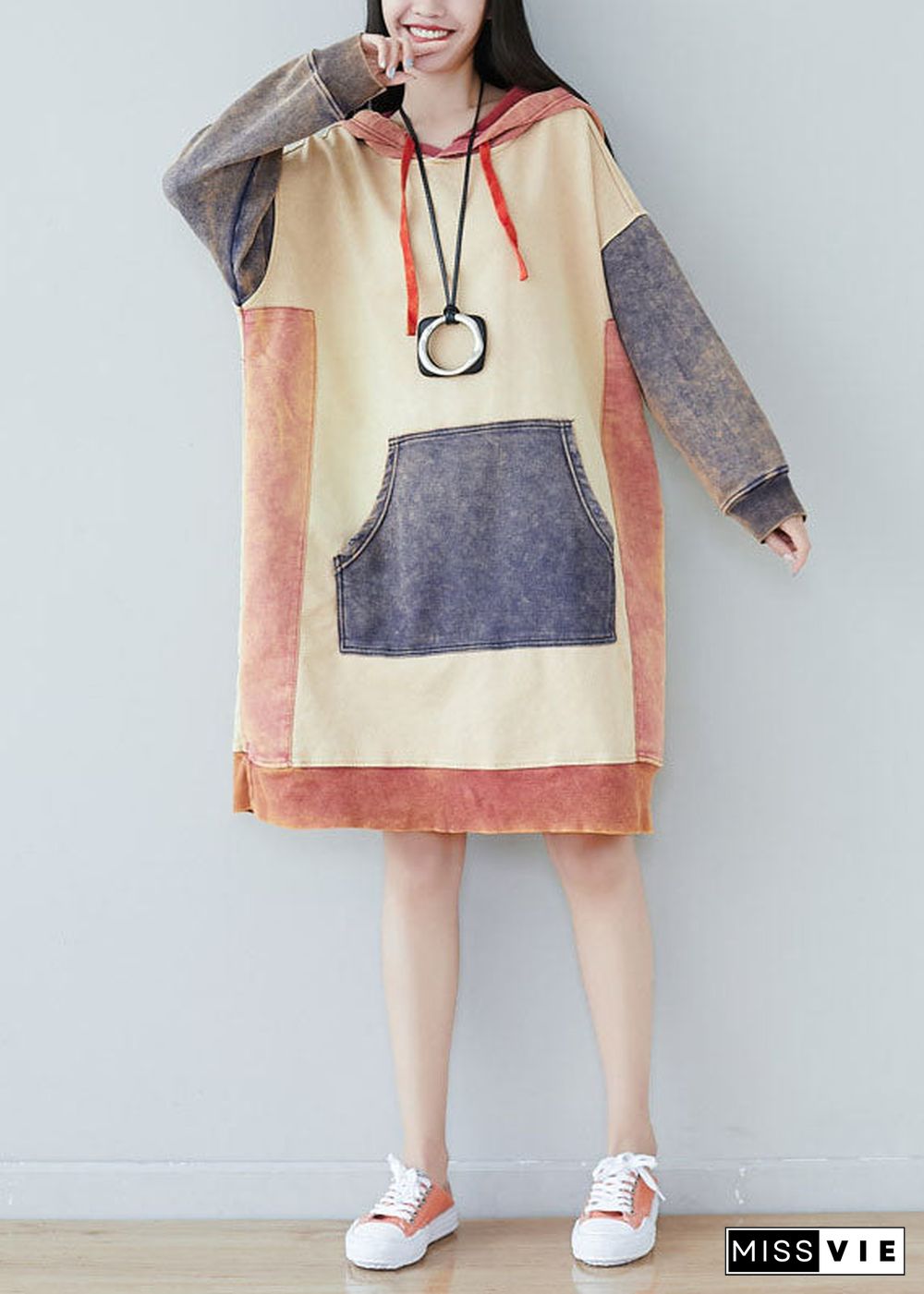 Plus size Beige Patchwork Sweatshirts dresses Spring