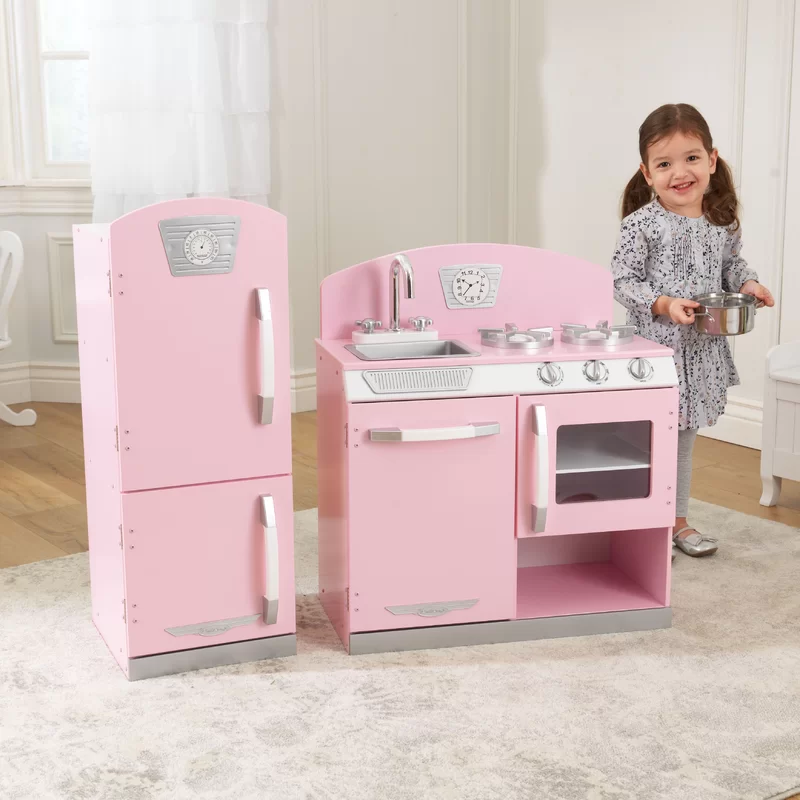 KidKraft Retro Wooden Play Kitchen and Refrigerator 2-Piece Set with Faucet， Sink， Burners and Working Knobs， Pink， Gift for Ages 3+