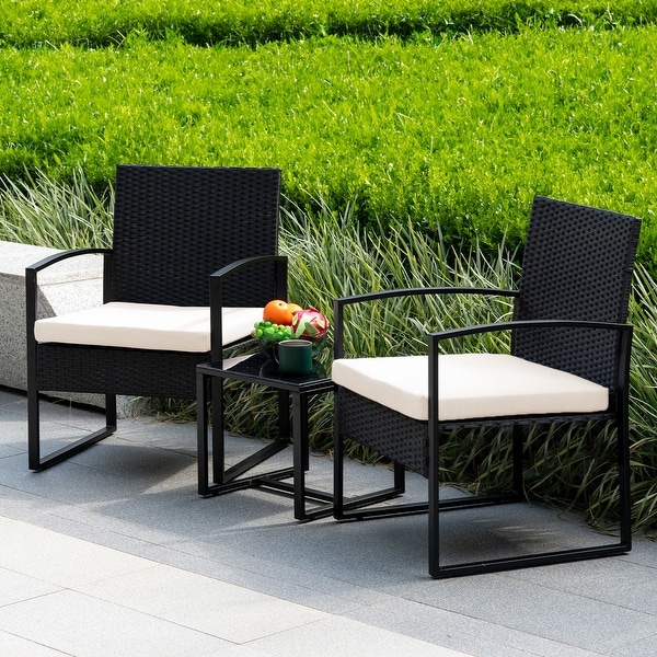 3 Piece Patio Bistro Set Outdoor Furniture Set with Glass Table，Rattan Conversation Sets for Porch Garden Balcony