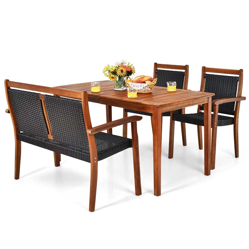 4 Pcs Rattan & Acacia Wood Outdoor Patio Dining Table Set with Loveseat & 2 Armchairs, Umbrella Hole