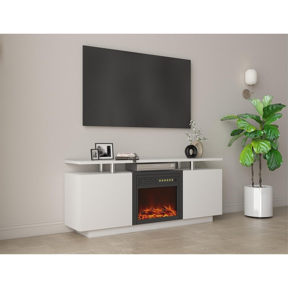 White Fireplace High Gloss TV Cabinet Tv Unit w/ Full Function Remote   15 inches in width