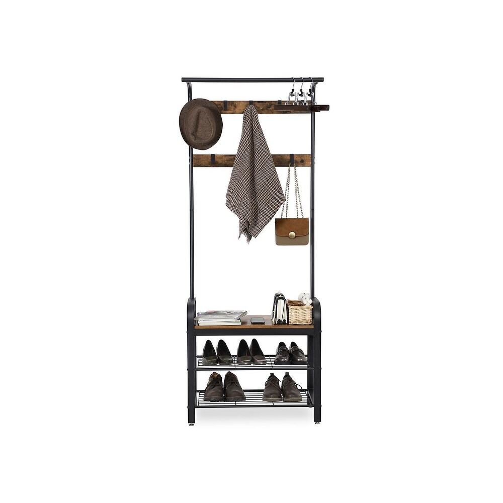 VASAGLE Industrial Coat Rack  Hall Tree with Shoe Bench for Entryway  3 in 1 Design  Rustic Brown and Black