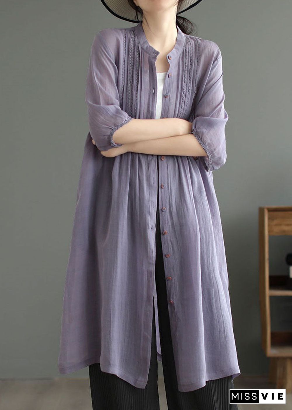 Art Purple Stand Collar Wrinkled Patchwork Linen Shirts Dresses Summer