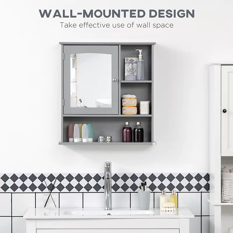 kleankin Wall-Mounted Bathroom Mirror Cabinet Organizer with Storage， Adjustable Shelf， and Magnetic Door Design， Grey