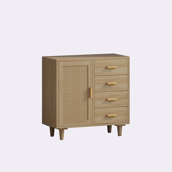 4 Drawers Wooden Cabinet with Rattan Decorative Doors