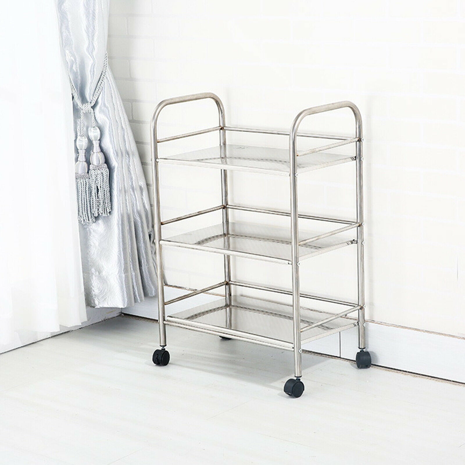 3 Tier Stainless Steel Utility Cart Multi-Purpose Cart Kitchen Island with Wheels Serving Trolley Catering Storage Shelf 3 Tier Rolling Cart with Handle Bar Serving Cart with Wheel