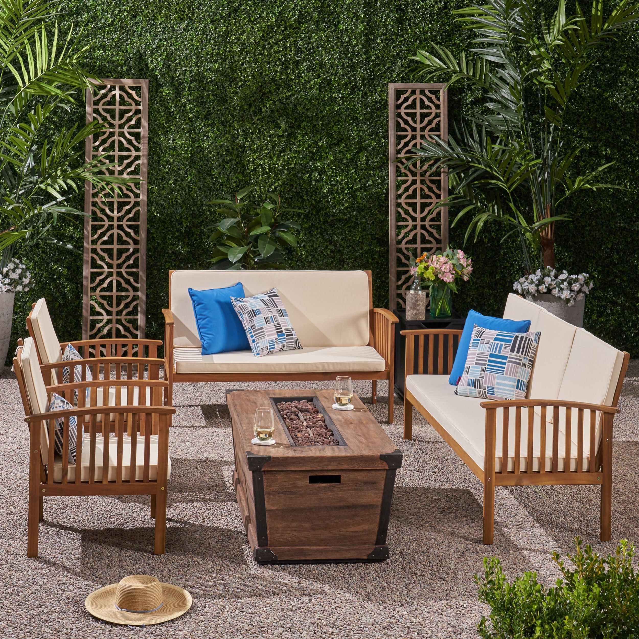 Beckley Outdoor 4 Piece Acacia Wood Conversational Set with Cushions and Fire Pit