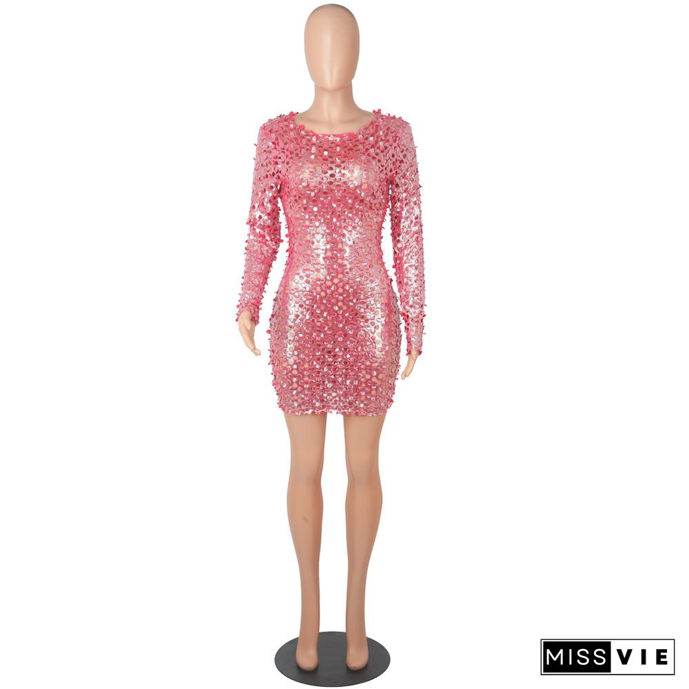 Hollow Out Long Sleeve O Neck Nightclub Dress