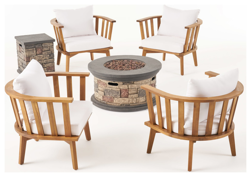 Naomi Outdoor Acacia Wood 4 Seater Club Chairs and Fire Pit Set   Midcentury   Outdoor Lounge Sets   by GDFStudio  Houzz