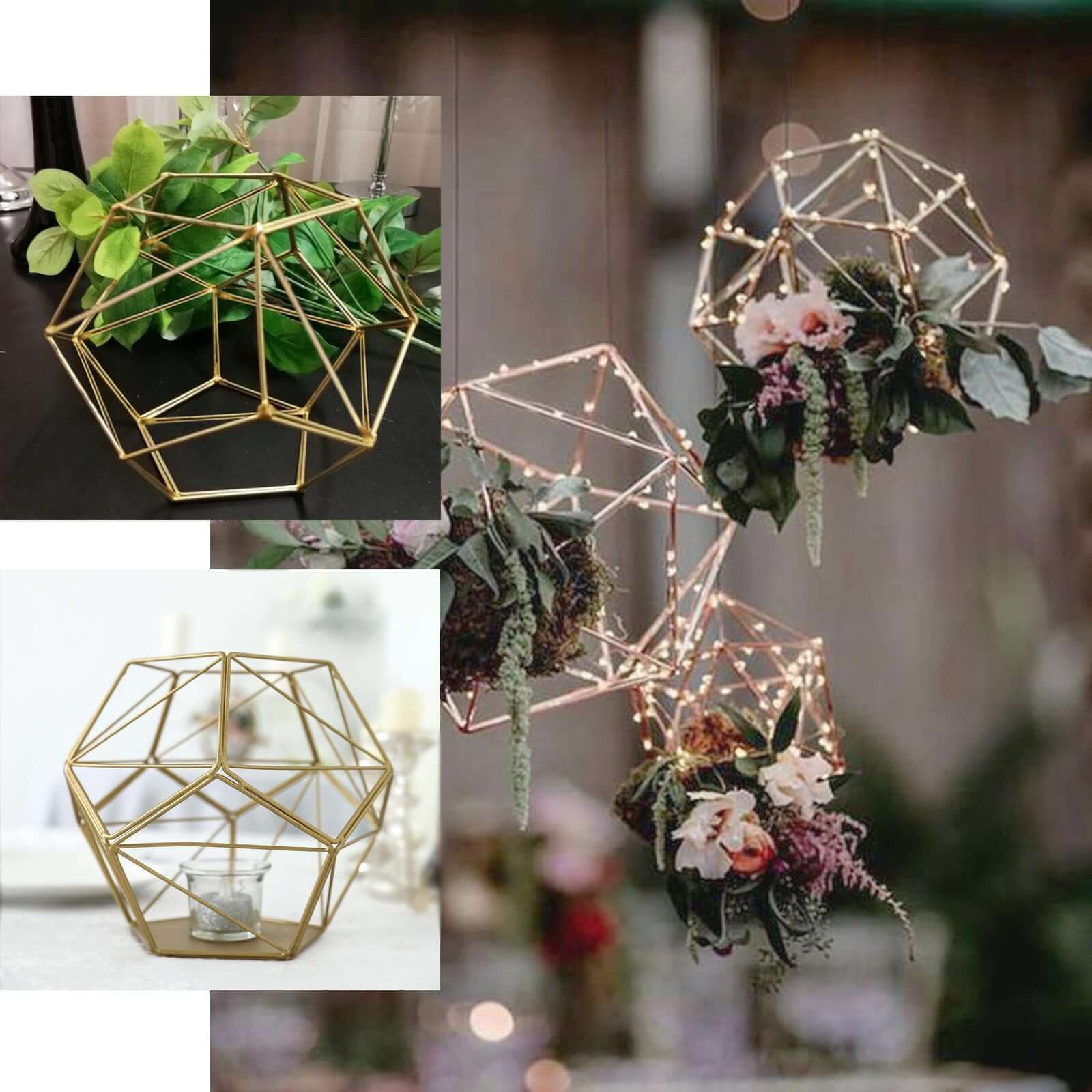 Gold Metal Pentagon Prism Tealight Candle Holder, Open Frame Geometric Flower Stand 7