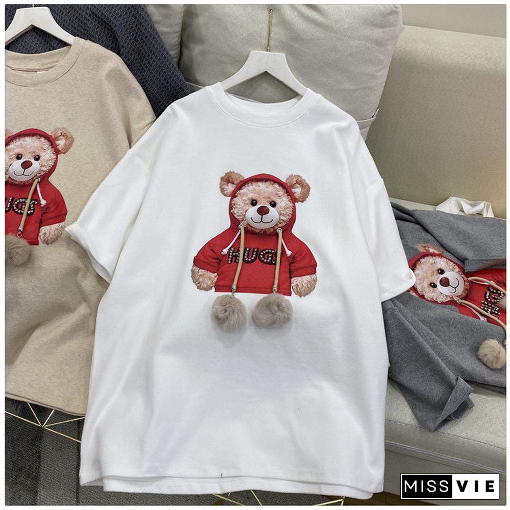 Harajuku Fur Ball Tshirt Summer Women Cotton Half Sleeve Round Neck T-Shirts Korean Style Kawaii Cute Bear Female Clothes Tops