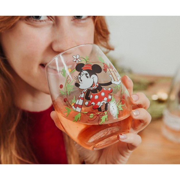 Silver Buffalo Disney Minnie Mouse Christmas Wreath Stemless Wine Glass Holds 20 Ounces