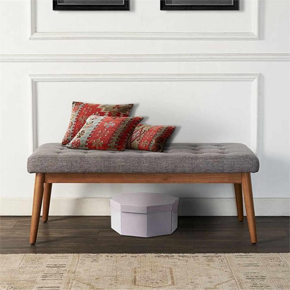 Bowery Hill Mid Century Modern Tufted Entryway Bench in Acorn   Midcentury   Upholstered Benches   by Homesquare  Houzz