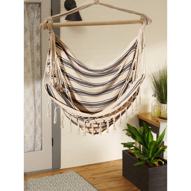 Outdoor Striped Hammock Chair With Fringe Trim Blue cream Zingz amp Thingz