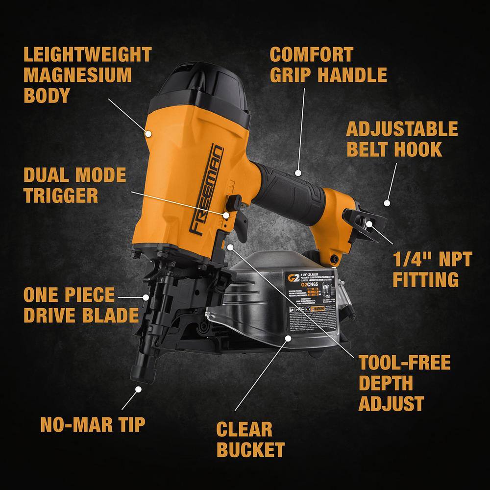 Freeman 2nd Generation Pneumatic 15 Degree 2-12 in. Coil Siding Nailer with Metal Belt Hook and 14 in. NPT Air Connector G2CN65