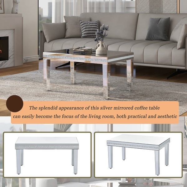 Modern Glass Mirrored Coffee Table， Easy Assembly Cocktail Table with Crystal Design and Adjustable Height Legs， Silver