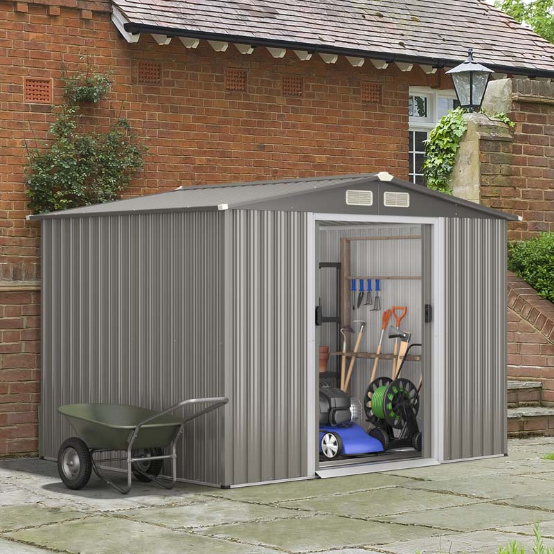 8 x 6 FT Outdoor Metal Storage Shed Garden Tool Storage Room with Foundation, 4 Louvers, Double Doors & Ramp