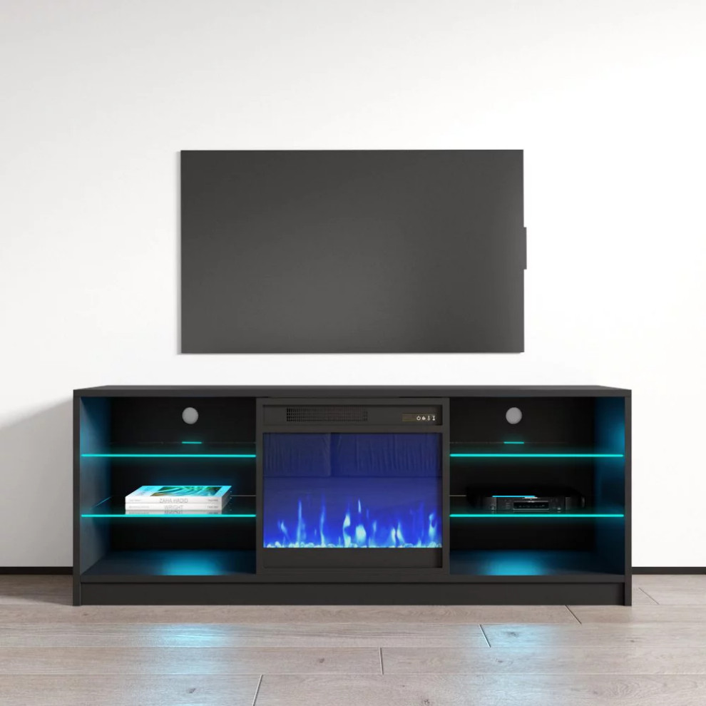 Modern Entertainment Center  LED Lighted Glass Shelves  ampFireplace With Remote   Modern   Entertainment Centers And Tv Stands   by Declusia  Houzz