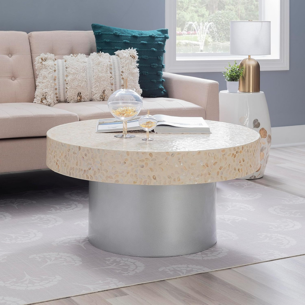 Modern Coffee Table  Drum Base With Round Geometric Accented Top  Ivory/Grey   Modern   Coffee Tables   by Decor Love  Houzz