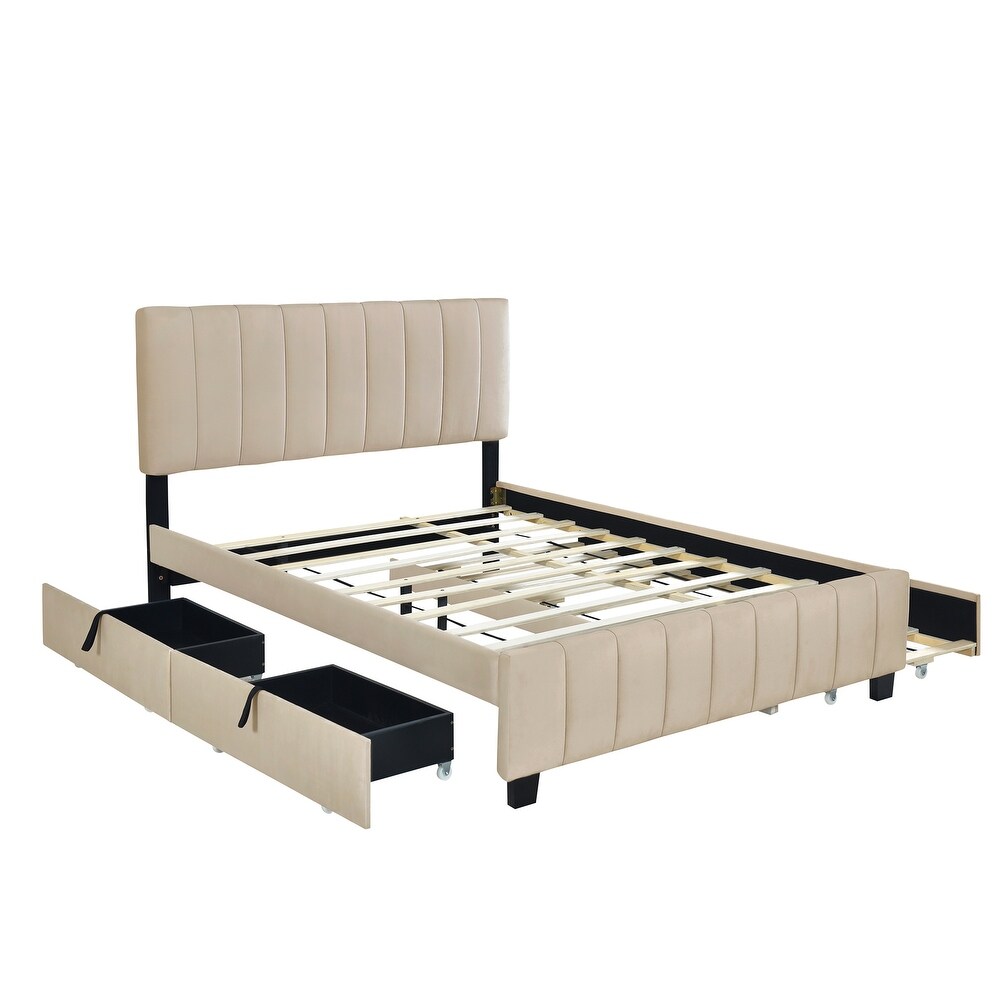 Queen Size Velvet Upholstered Platform Bed with Twin XL Size Trundle Bed  2 Storage Drawers and Headboard