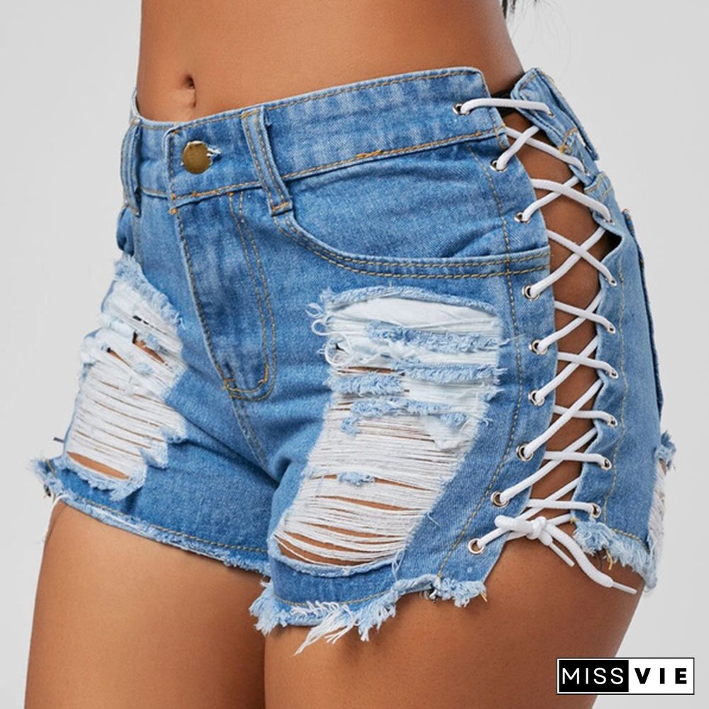 Hot Summer Women Denim Shorts New Black Blue High Waist Ripped Short Jeans Tassel Lace Up Bandage Hotpants