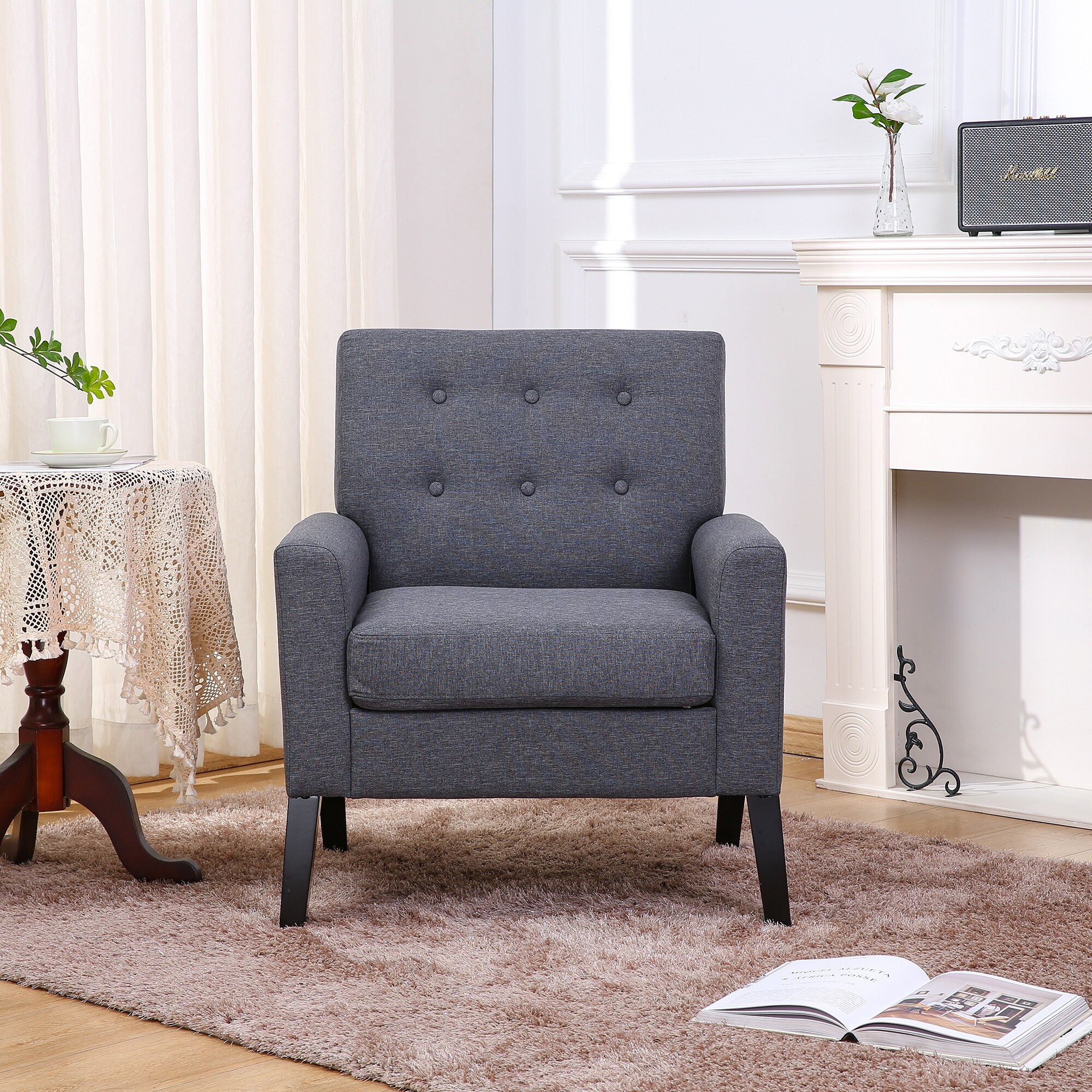 Button Tufted Upholstered Armchairs Comfy Reading Accent Chairs Sofa with Resilient Sponge Cushions， for Living Room， Grey