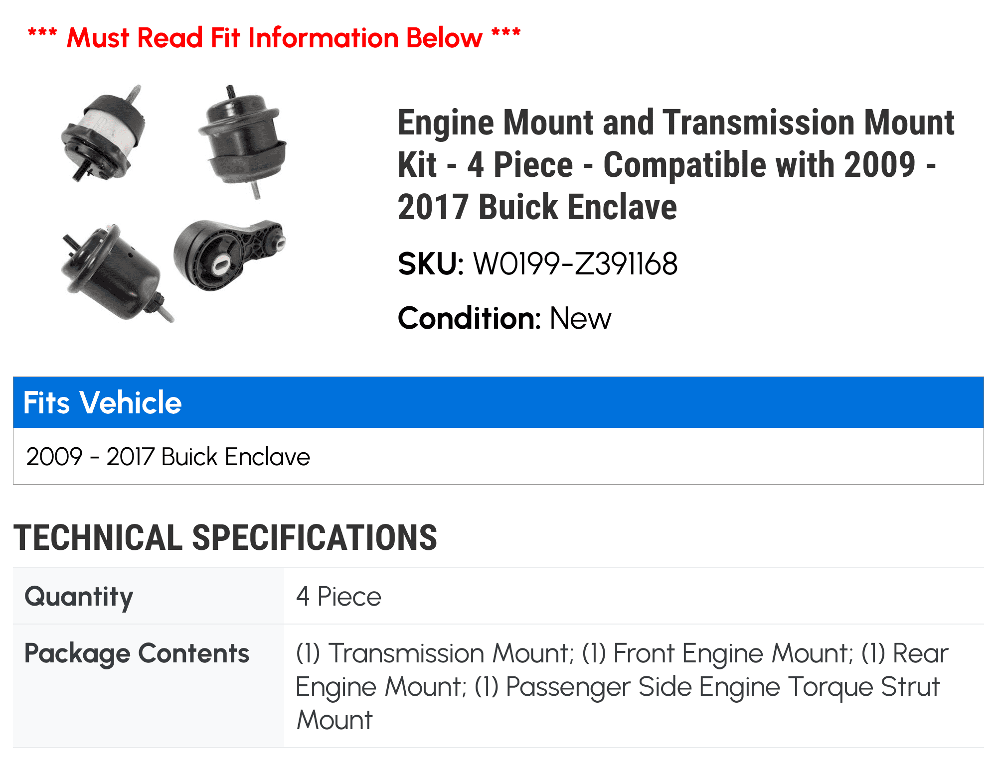 Engine Mount and Transmission Mount Kit - 4 Piece - Compatible with 2009 - 2017 Buick Enclave 2010 2011 2012 2013 2014 2015 2016