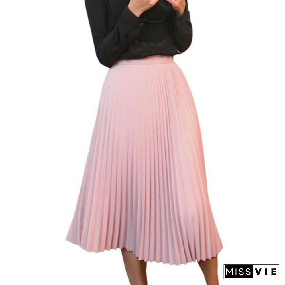 Spring Thick Chiffon Pleated Long Skirt Women Stretch Waist Casual Pink Calf-Length Pleated A-Line Skirt Summer