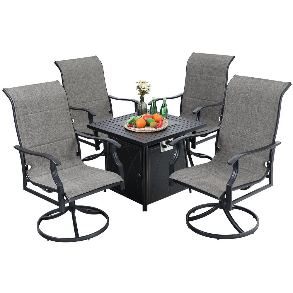 MFSTUDIO 5 Piece Outdoor Fire Pit Set  28 Inch Square Propane Gas Fire Pit Table with 4 Padded Textilene Fabric Swivel Chairs