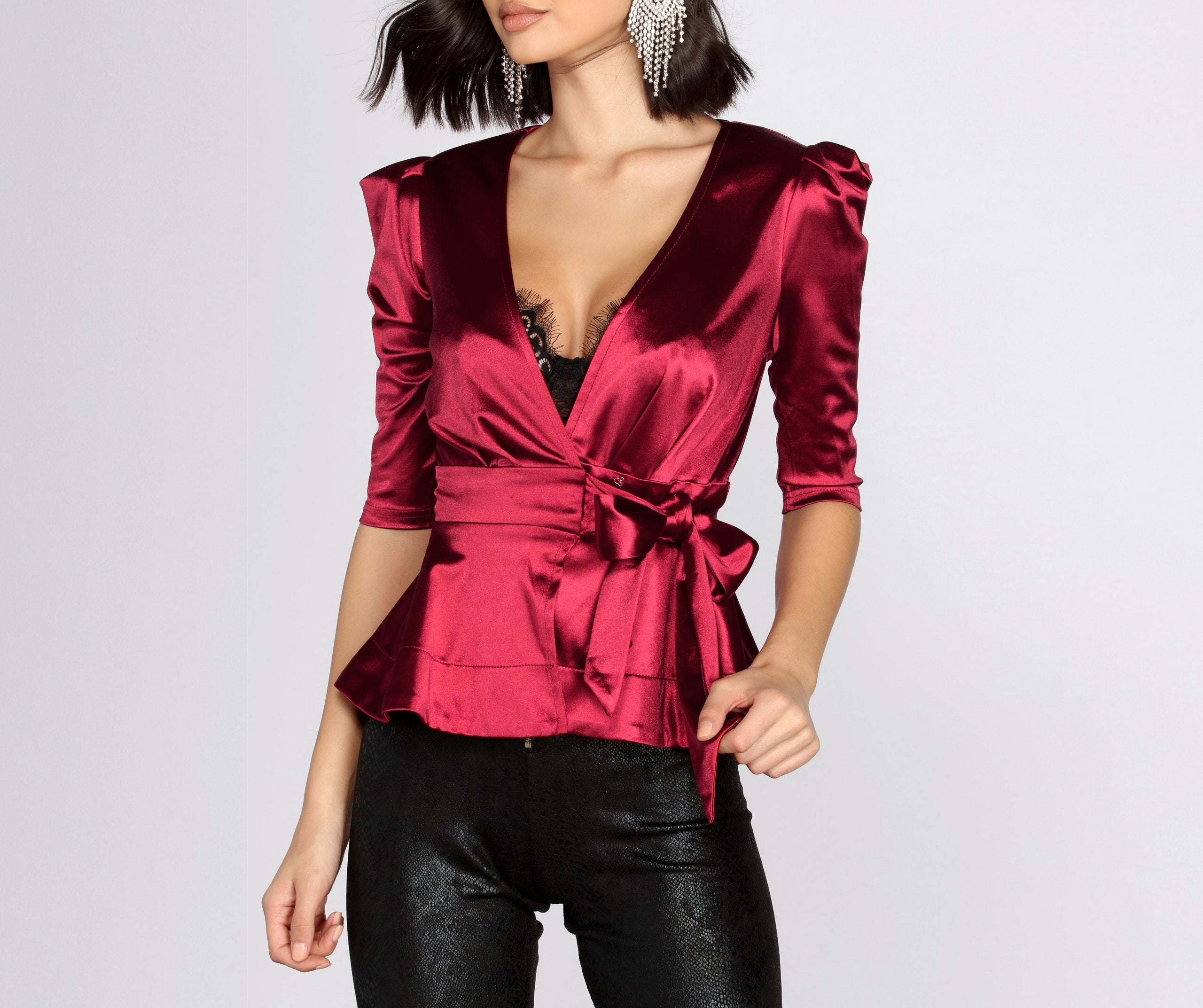 Satin Puff Sleeve Peplum Top