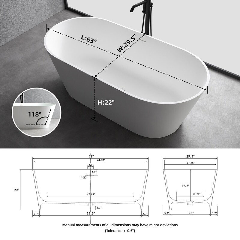 MEDUNJESS 63'' Soaking Bathtub Stone Resin Freestanding Bathtub