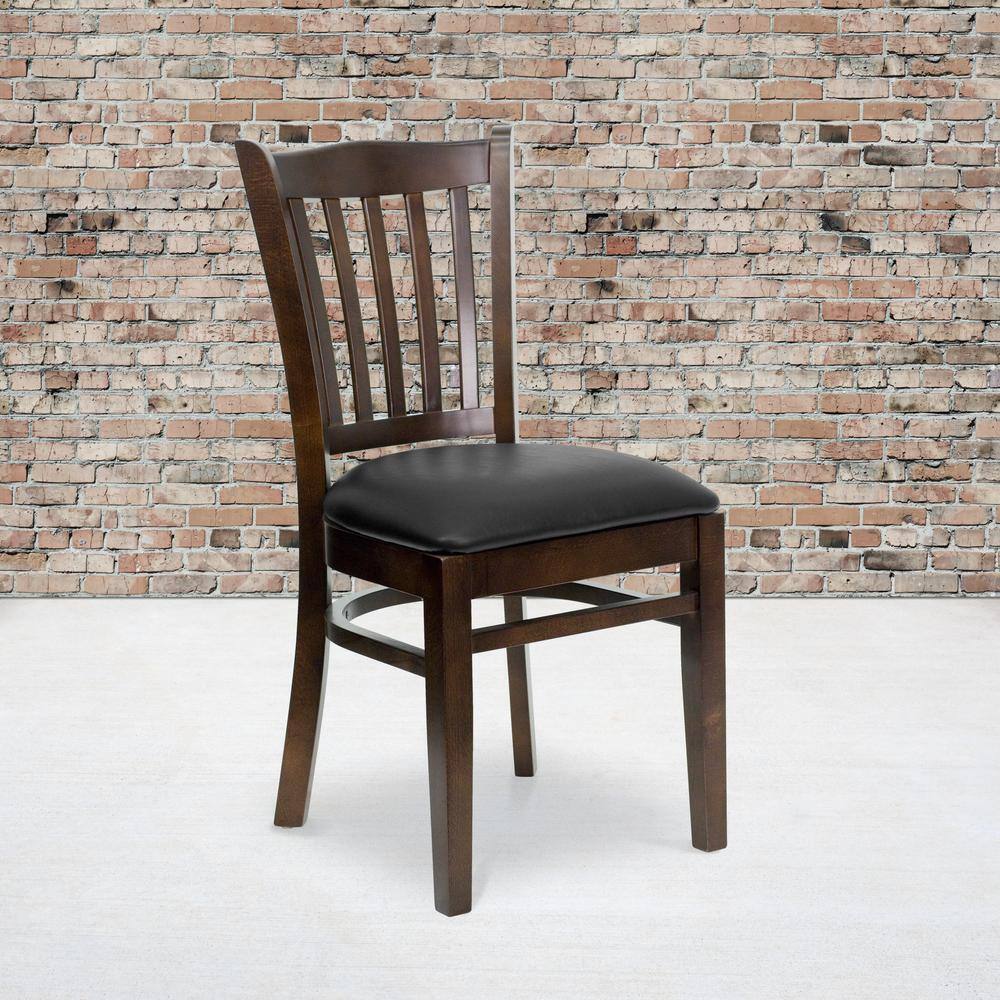 Flash Furniture Hercules Series Walnut Vertical Slat Back Wooden Restaurant Chair with Black Vinyl Seat XUDGW08VRTWABKV